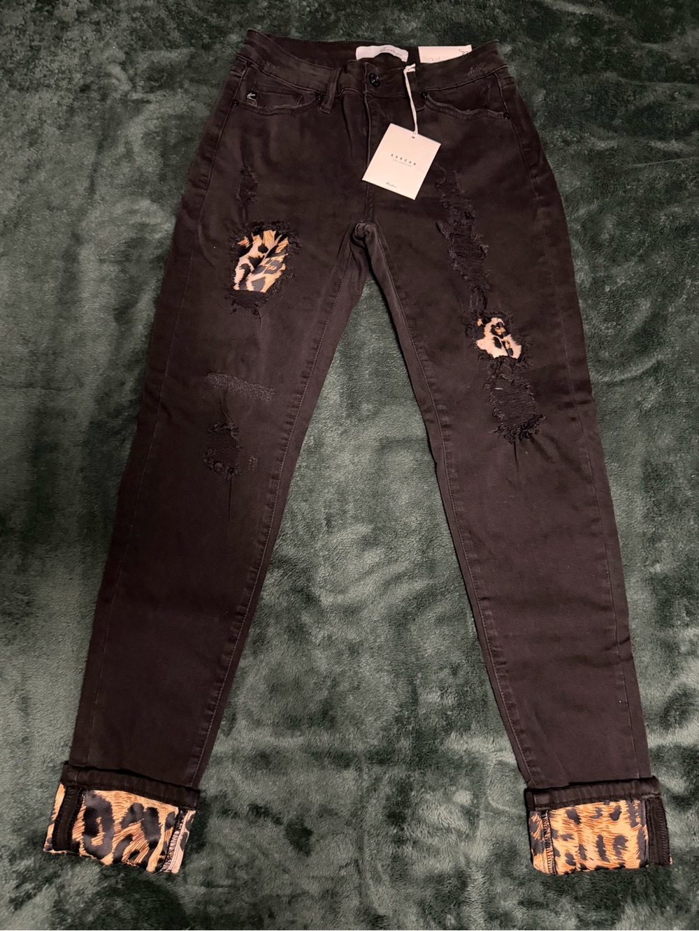 Black Distressed Women’s Kancan Jeans with Leopard Trim